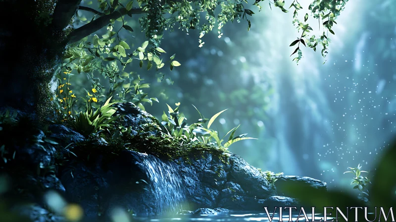 Enchanted Forest Stream With Cascading Sunlight and Moss.