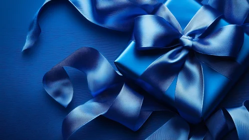 Blue satin ribbons and bows arranged on solid blue background surface.