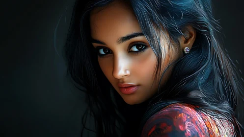 Digital portrait of woman with high-contrast chiaroscuro lighting