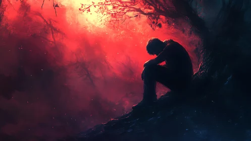 Silhouetted figure sits under tree against intense red sky