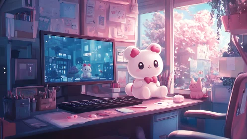 Cute pastel computer workspace with plush bear mascot