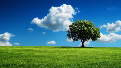 Lone Tree on Vibrant Green Field Under Bright Blue Sky, Photorealistic.