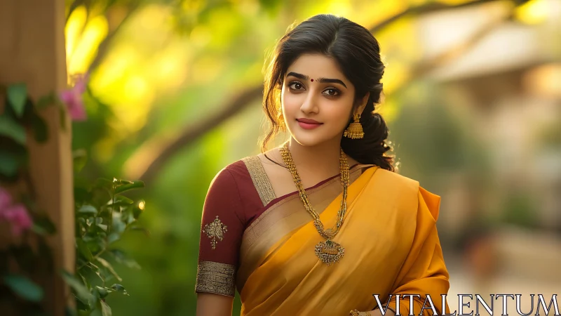 Golden sari glow celebrates gentle beauty in soft sunlight