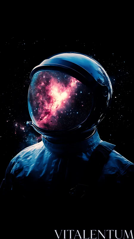 Astronaut helmet reflects vivid pink nebula in deep space