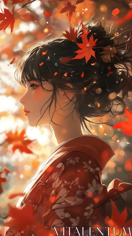 Profile view of kimono girl amid autumn maple foliage