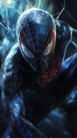 Heroic web-slinger in a glowing blue night suit.