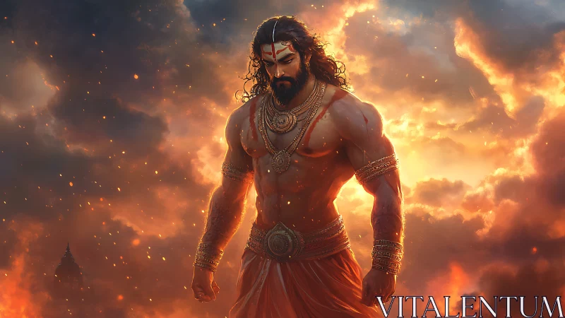 Mythic warrior strides through blazing celestial clouds.