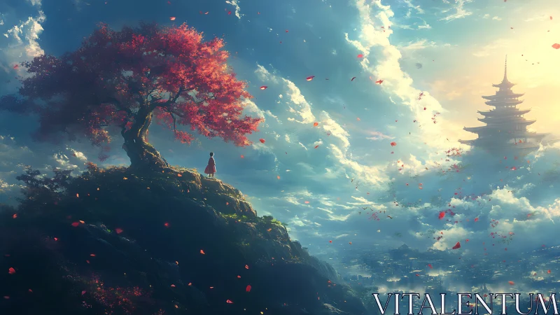 Solitary dreamer beneath scarlet tree, watching sky temples.