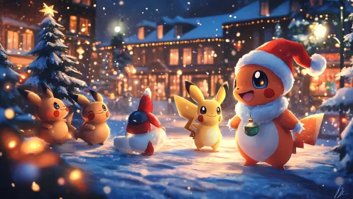 Festive electric creatures in snowy holiday village glow.