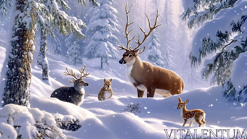 Deer family and owl in snow-covered conifer forest scene.