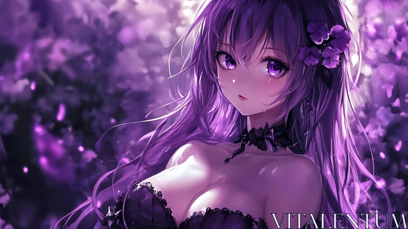 Violet twilight girl breathes softly through luminous petals