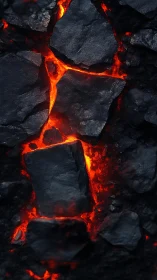 Glowing Lava Flows Between Black Volcanic Rock Formations