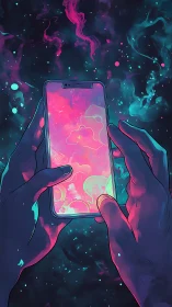 Hands holding glowing smartphone in neon cosmic scene.