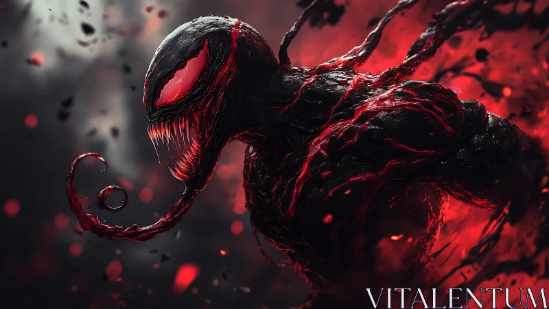 Ferocious red-black symbiote monster amid swirling chaos.