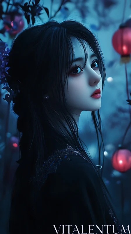 Digital portrait of woman in blue night scene with lanterns.