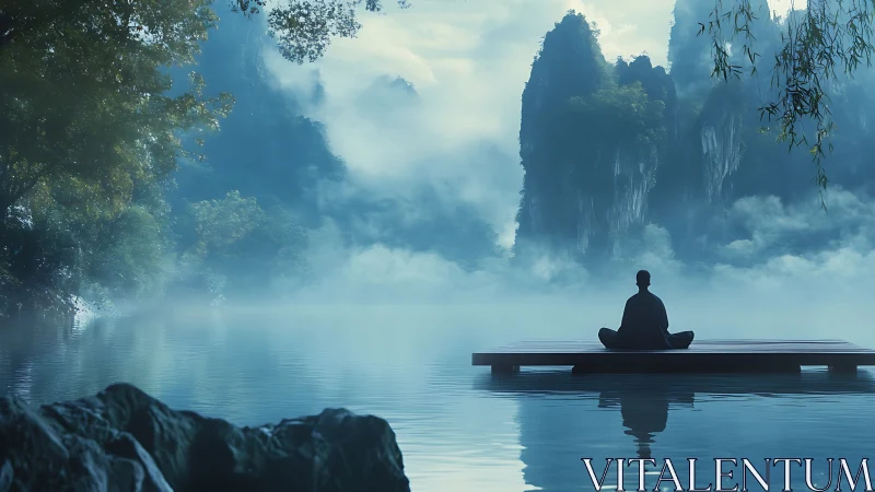 Quiet morning meditation unfolds on a misty mountain lake