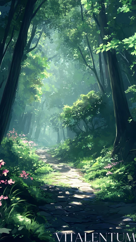 Enchanted Forest Path Bathed in Ethereal Sunlight
