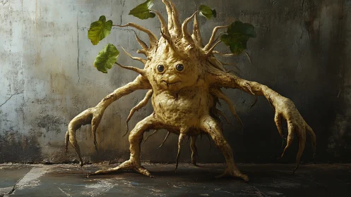Anthropomorphic root creature stands in moody industrial space