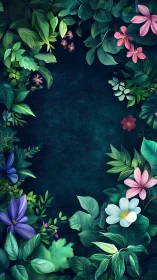 Dark Botanical Frame: Layered Floral Composition with Luminous Centerfield.