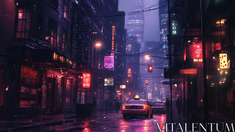 Neon taxi navigates rain-soaked cyberpunk street canyon at dusk