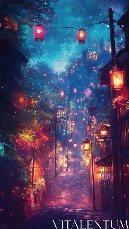 Lanternlit dream street ascending into a midnight sky.