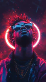 Neon halo portrait frames urban figure in electric glow