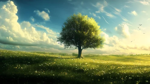 Solitary deciduous tree centered in expansive sunlit meadow.