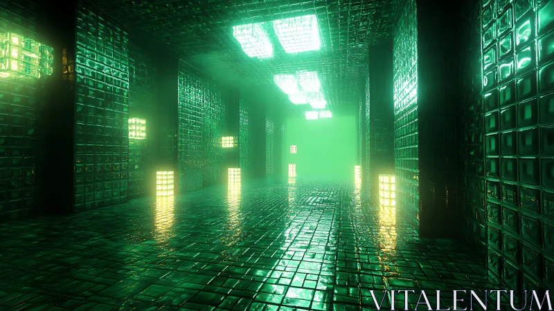 Luminous green sci fi corridor glows through misty reflections