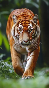Bengal tiger stalking forward through lush jungle foliage.