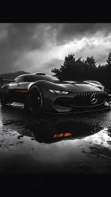 Low-angle view of Mercedes sports car on wet asphalt surface.