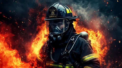 Firefighter Tactical Portrait Against Dramatic Inferno.