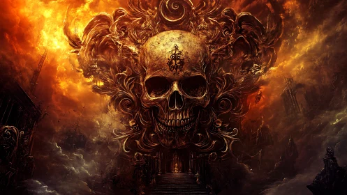 Infernal skull portal crowned with swirling molten flames.