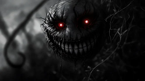 Sinister grinning void creature with glowing red eyes.