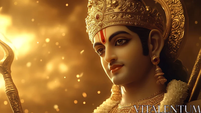 Divine warrior portrait with ornate golden crown and trident