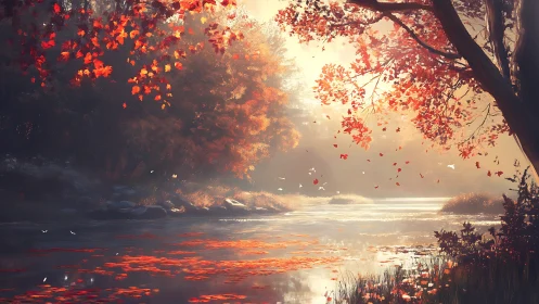 Crimson riverbank whispers as autumn light drifts home