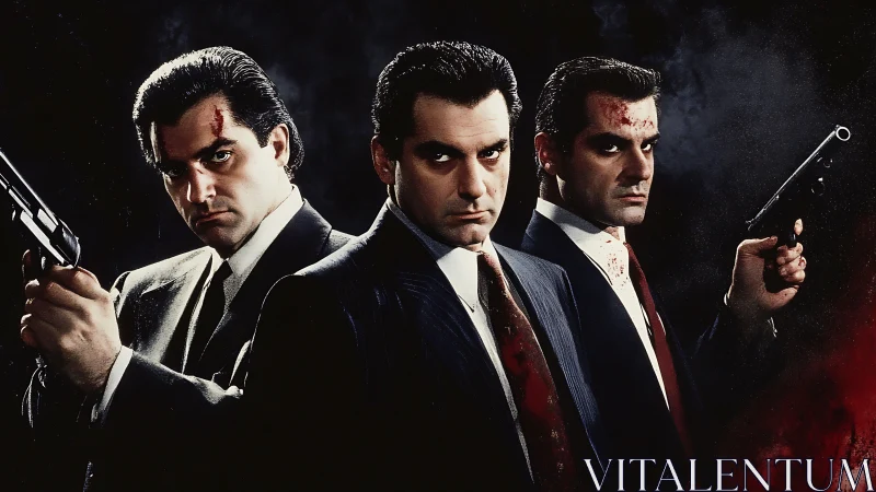 Tense trio of suited gunmen stands united in shadowy haze