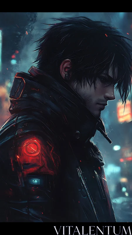 Cyberpunk loner in neon-soaked alley with glowing tech patch.