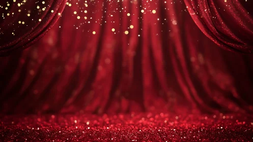 Red stage curtains with glittering particles and bokeh lights.