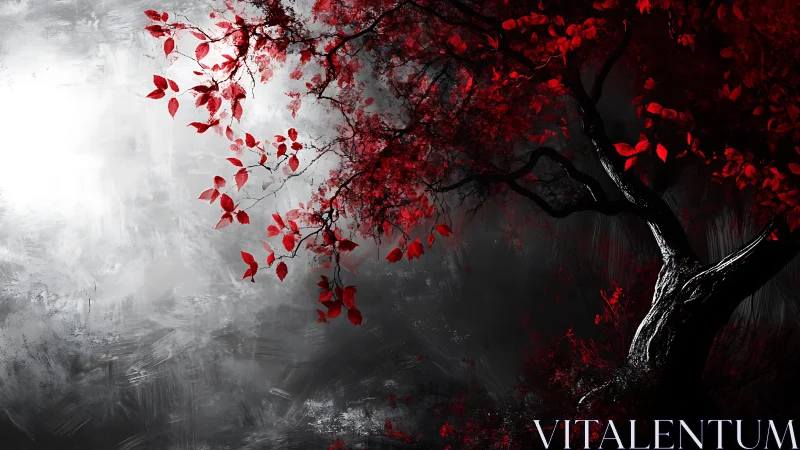 Scarlet tree leaning into silver misty twilight glow.