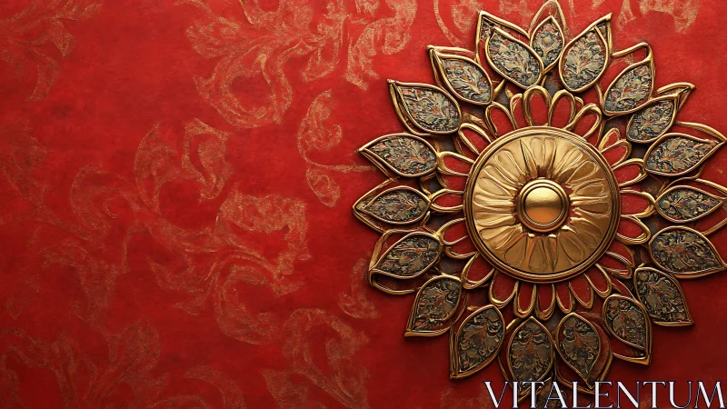 Gilded sunburst mandala blooming over crimson tapestry.
