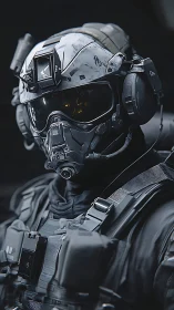Tactical exosuit pilot in armored respirator combat helmet.