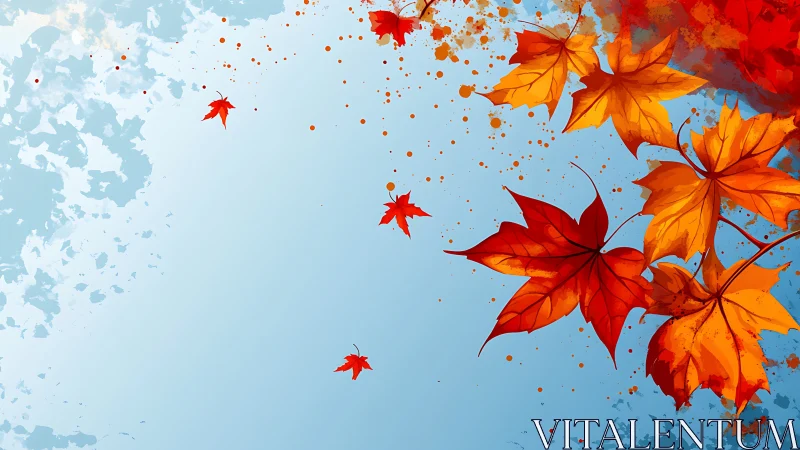 Bright digital autumn maple leaves on soft blue sky.