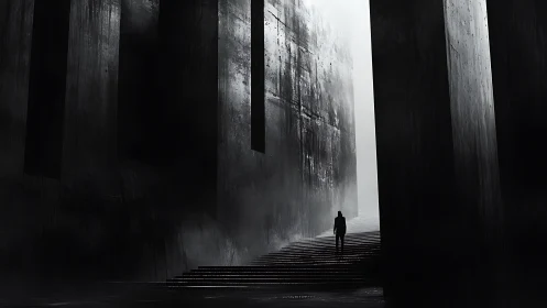 Solitary steps through towering monochrome mystery walls.