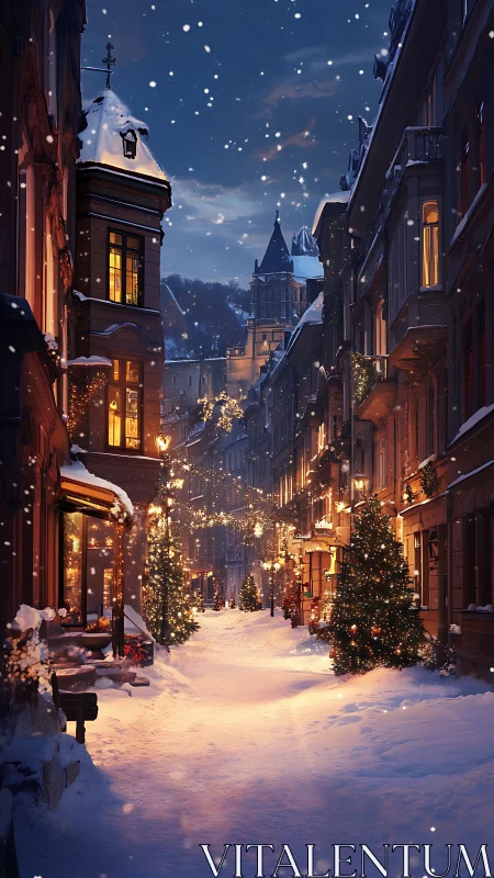 Digital painting of festive snow-covered European street at dusk.