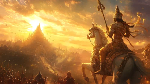 Golden armored rider surveying sunlit temple city.