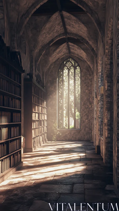 Gothic stone library corridor glows with filtered sunlight