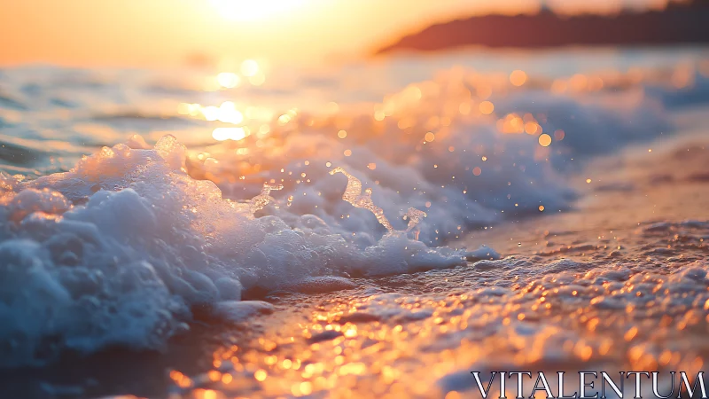 Low angle coastal wave foam under warm sunset light.