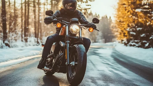 Motorcyclist rides through sunlit winter forest road at speed