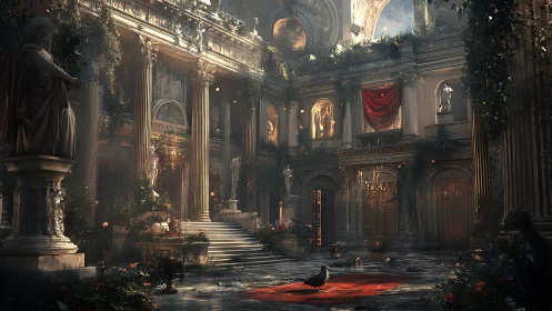 Neo-baroque courtyard ruin with volumetric light shafts.