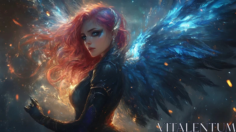 Fiery‑haired winged warrior rendered in high‑detail digital painting